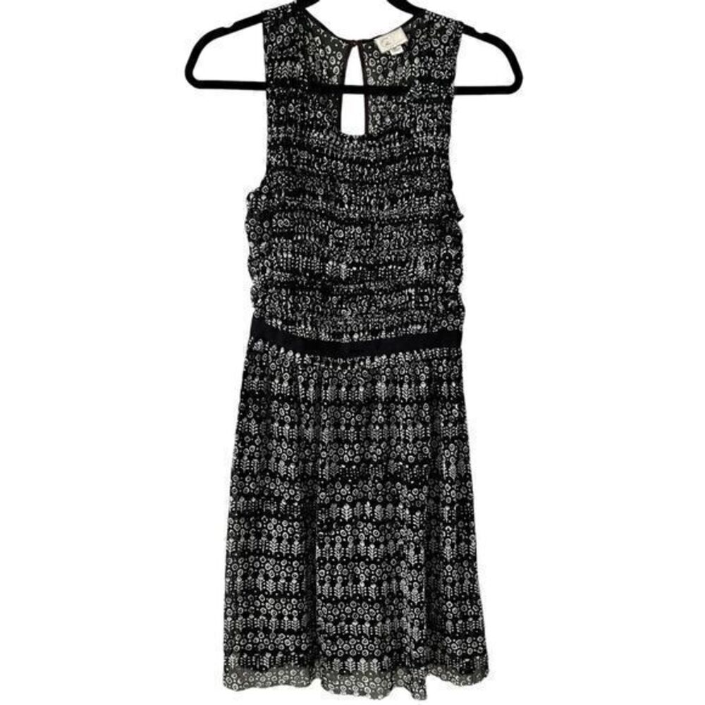 Anthropologie Postage Stamp Black White Ruffled Nylon Lined Sleeveless Dress S